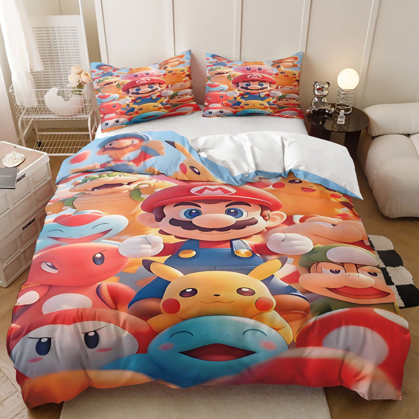 Bedding set with colorful characters including Mario and Pikachu in a bedroom setting.