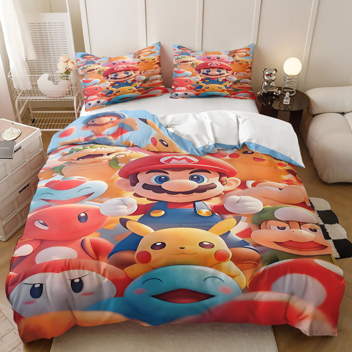 Bedding set with colorful characters including Mario and Pikachu in a bedroom setting.