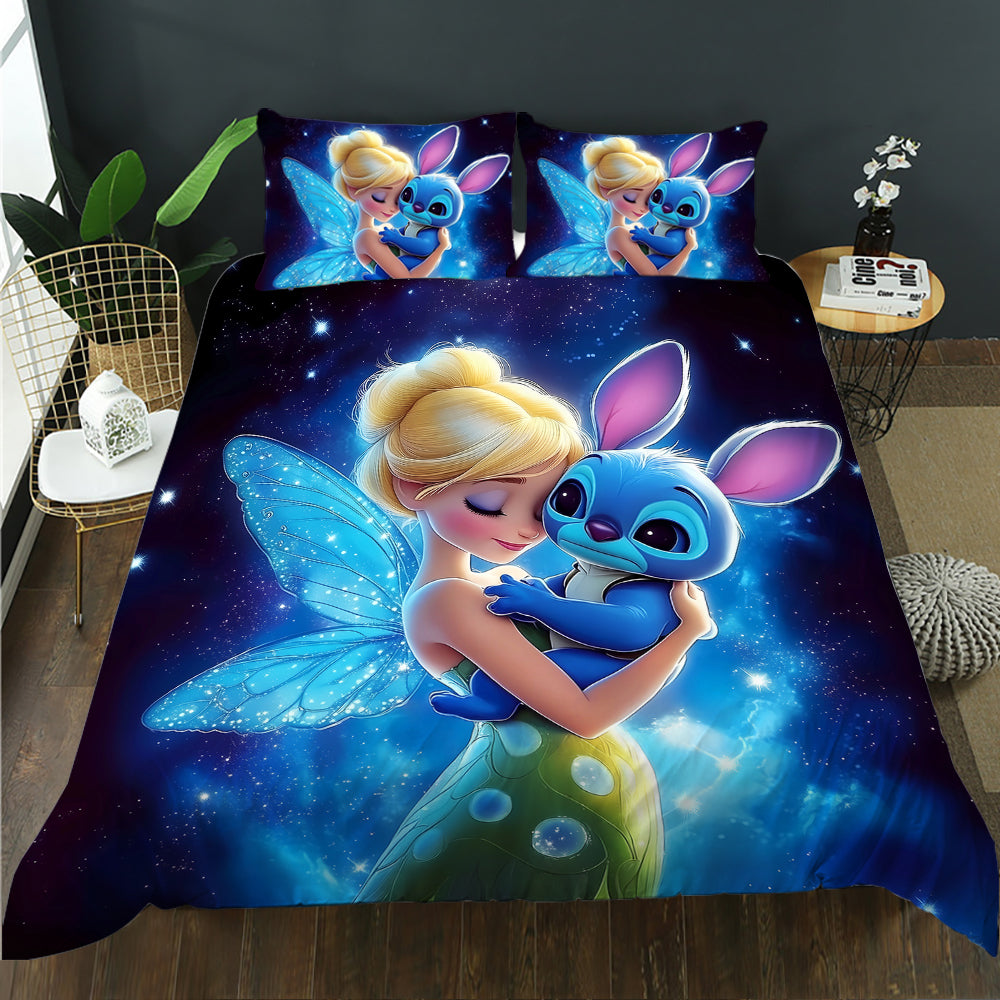 Bedding set with fairy and blue creature design on a bed in a room.