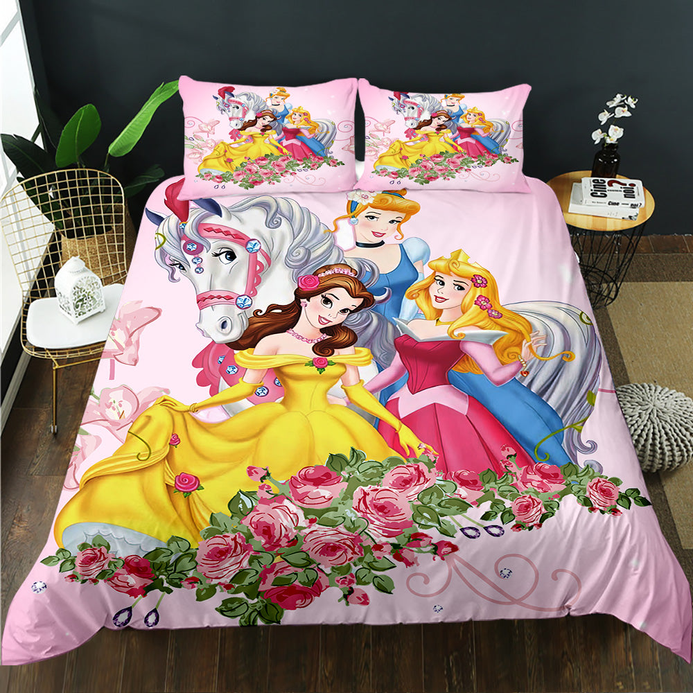 Bedding set with princess and unicorn design on a bed in a room.