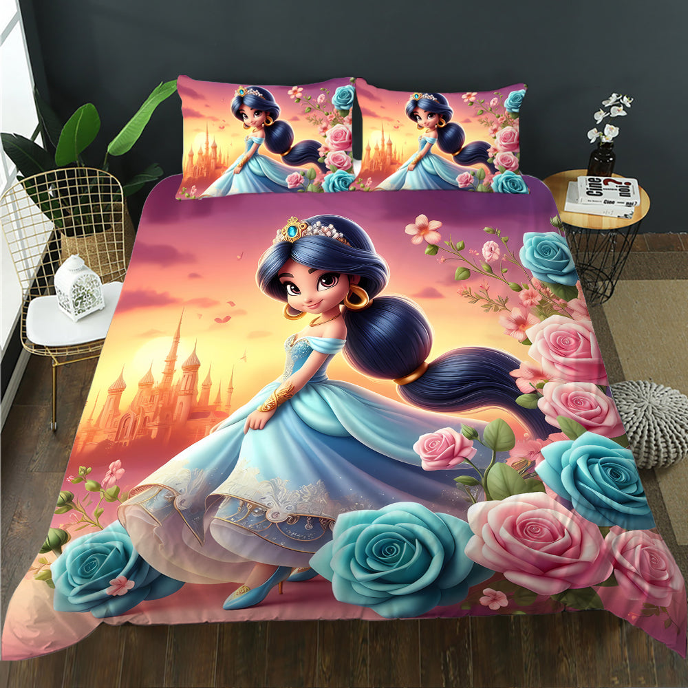 Bedding set with princess design featuring roses and a castle in the background