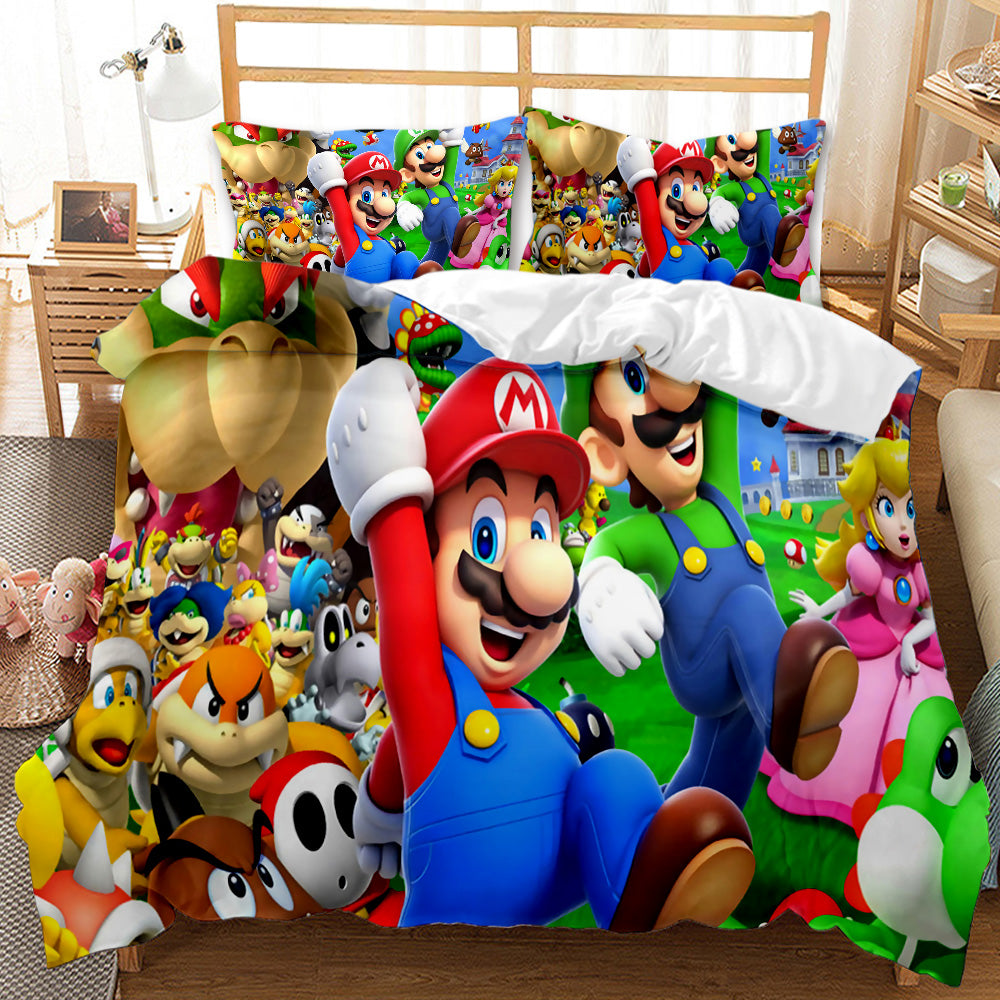 Colorful Mario-themed bedding set with characters on a bed in a room.