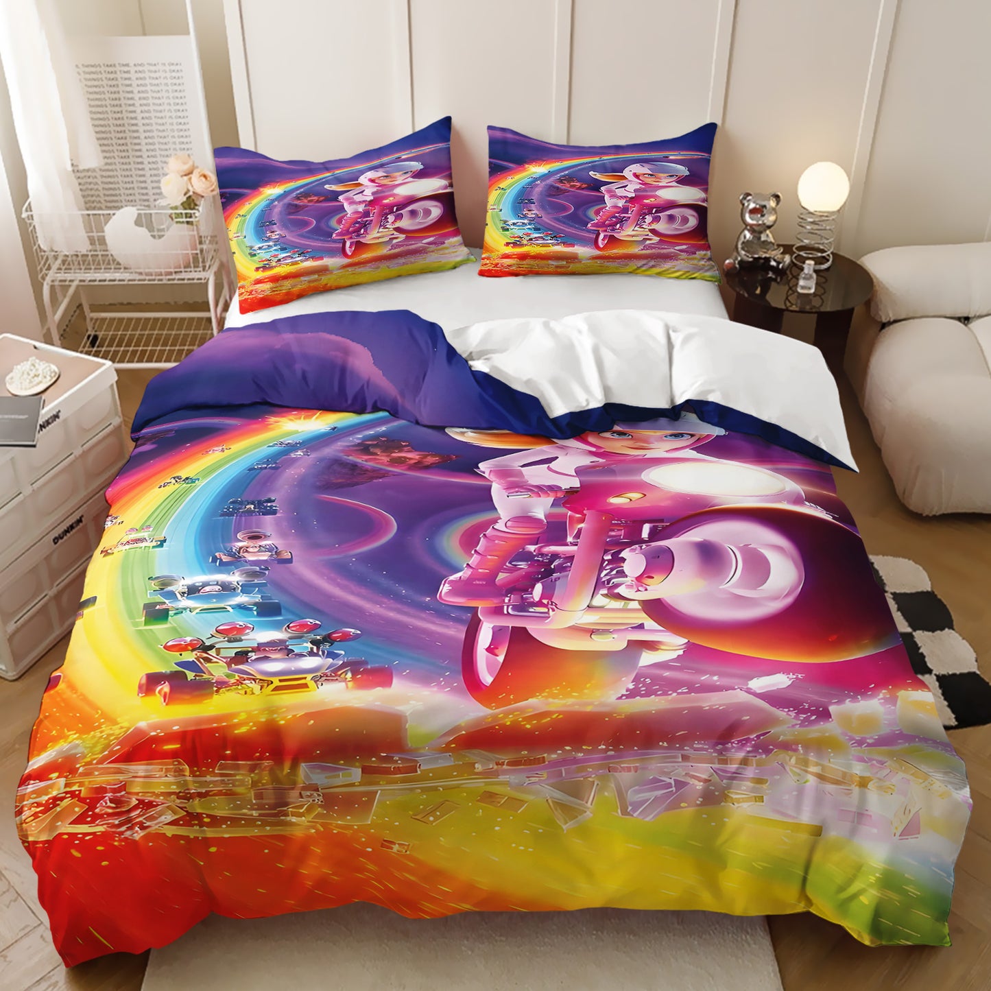 Colorful bedding set with a motorcycle design on a bed in a room.