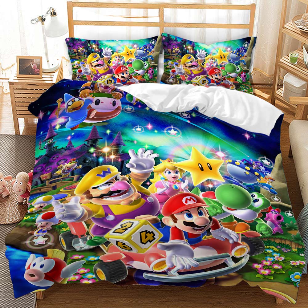 Colorful bedding set with cartoon characters on a bed in a bedroom.