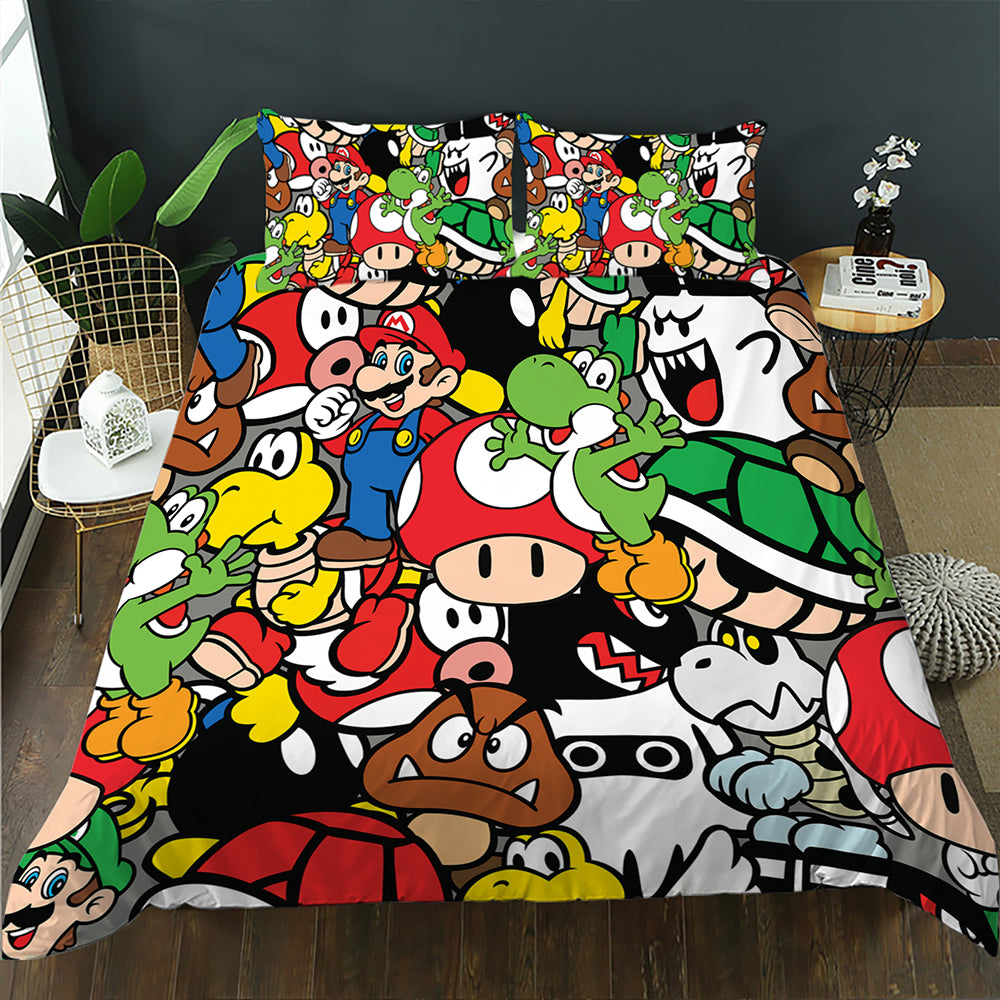 Colorful cartoon character bedspread on a bed with pillows in a room setting.