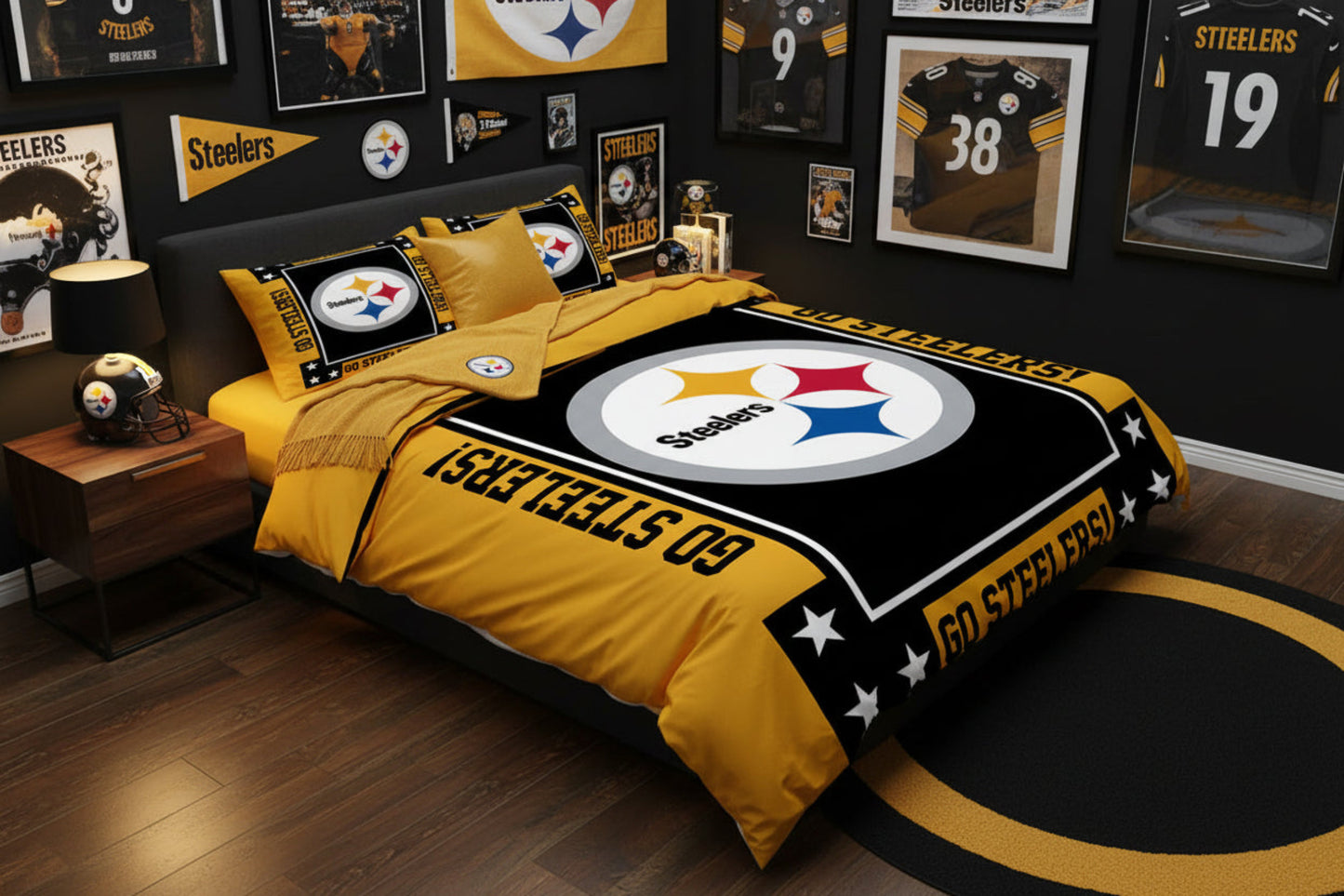 Pittsburgh Steelers bedding set with logo and 'Go Steelers!' text in a bedroom setting.