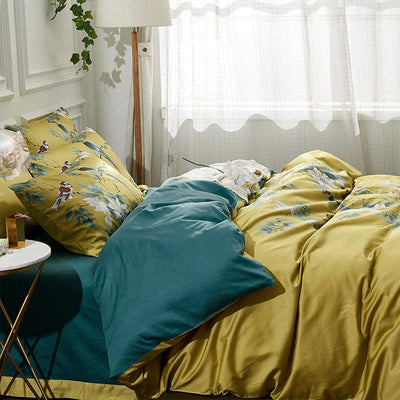 Floral Silky Satin Bird Flower Pattern Comforter Cover 3 pcs Set