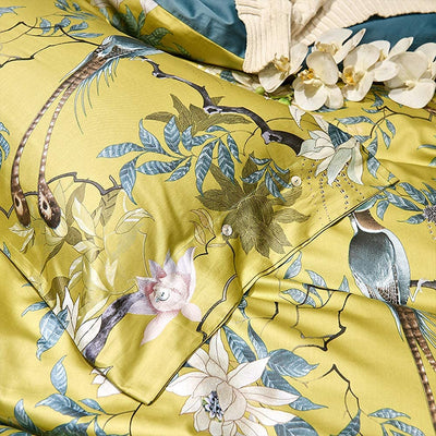 Floral Silky Satin Bird Flower Pattern Comforter Cover 3 pcs Set