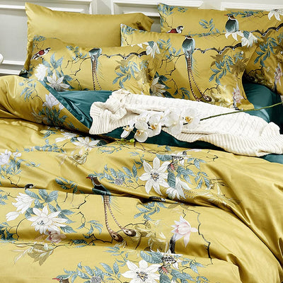 Floral Silky Satin Bird Flower Pattern Comforter Cover 3 pcs Set