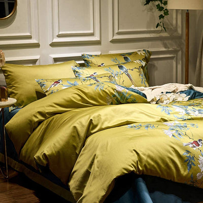 Floral Silky Satin Bird Flower Pattern Comforter Cover 3 pcs Set