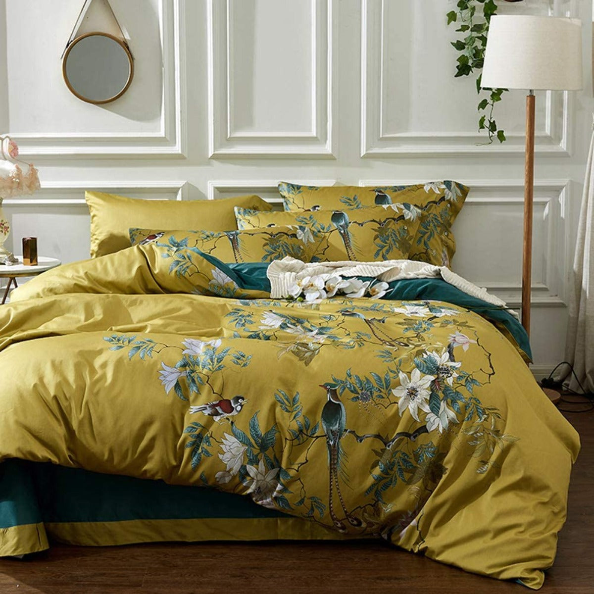 Floral Silky Satin Bird Flower Pattern Comforter Cover 3 pcs Set