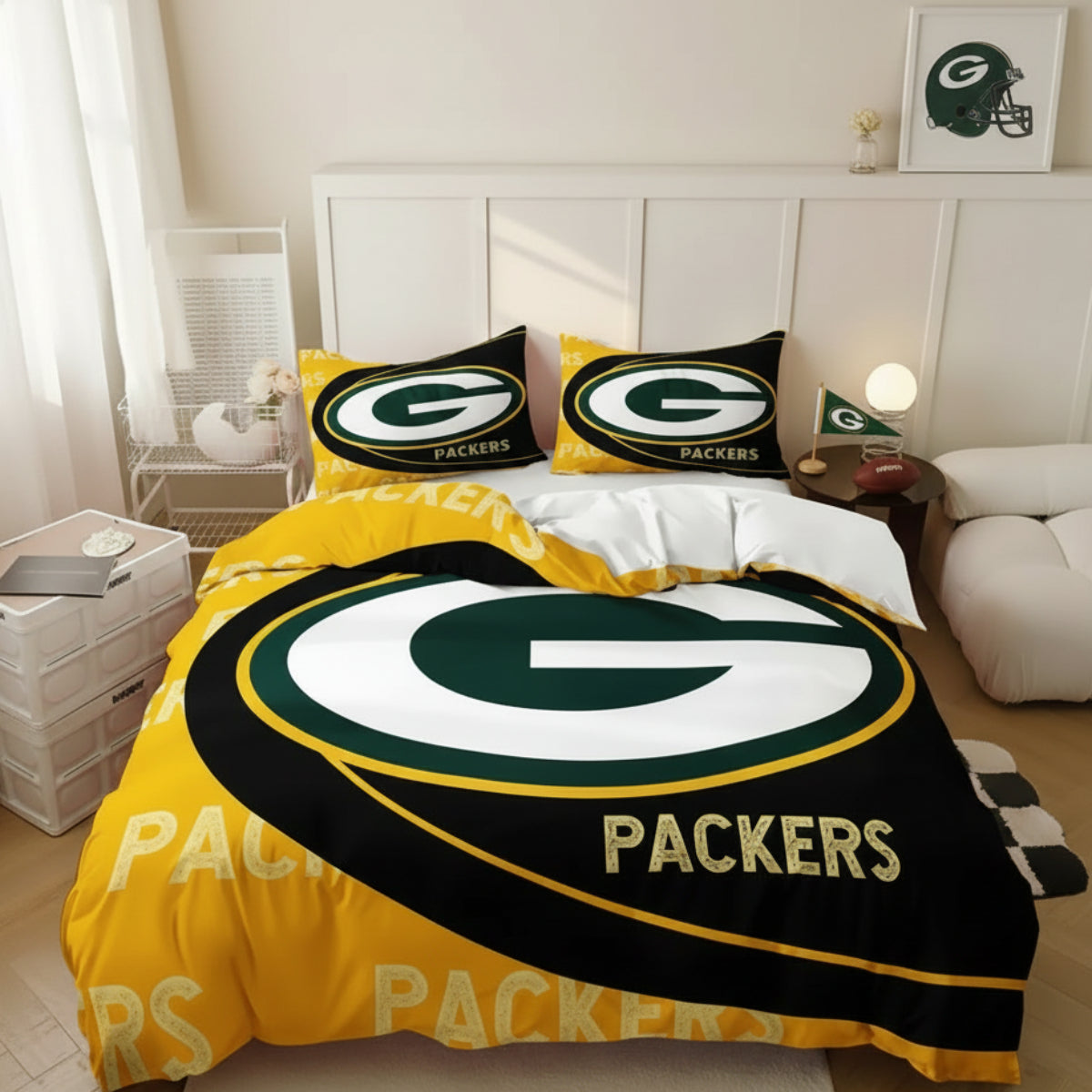 A Green Bay Packers-themed bedding set displayed on a bed in a modern bedroom setting. The set includes a duvet cover and two matching pillowcases featuring the team's green and gold 'G' logo and 'PACKERS' text on a yellow background.