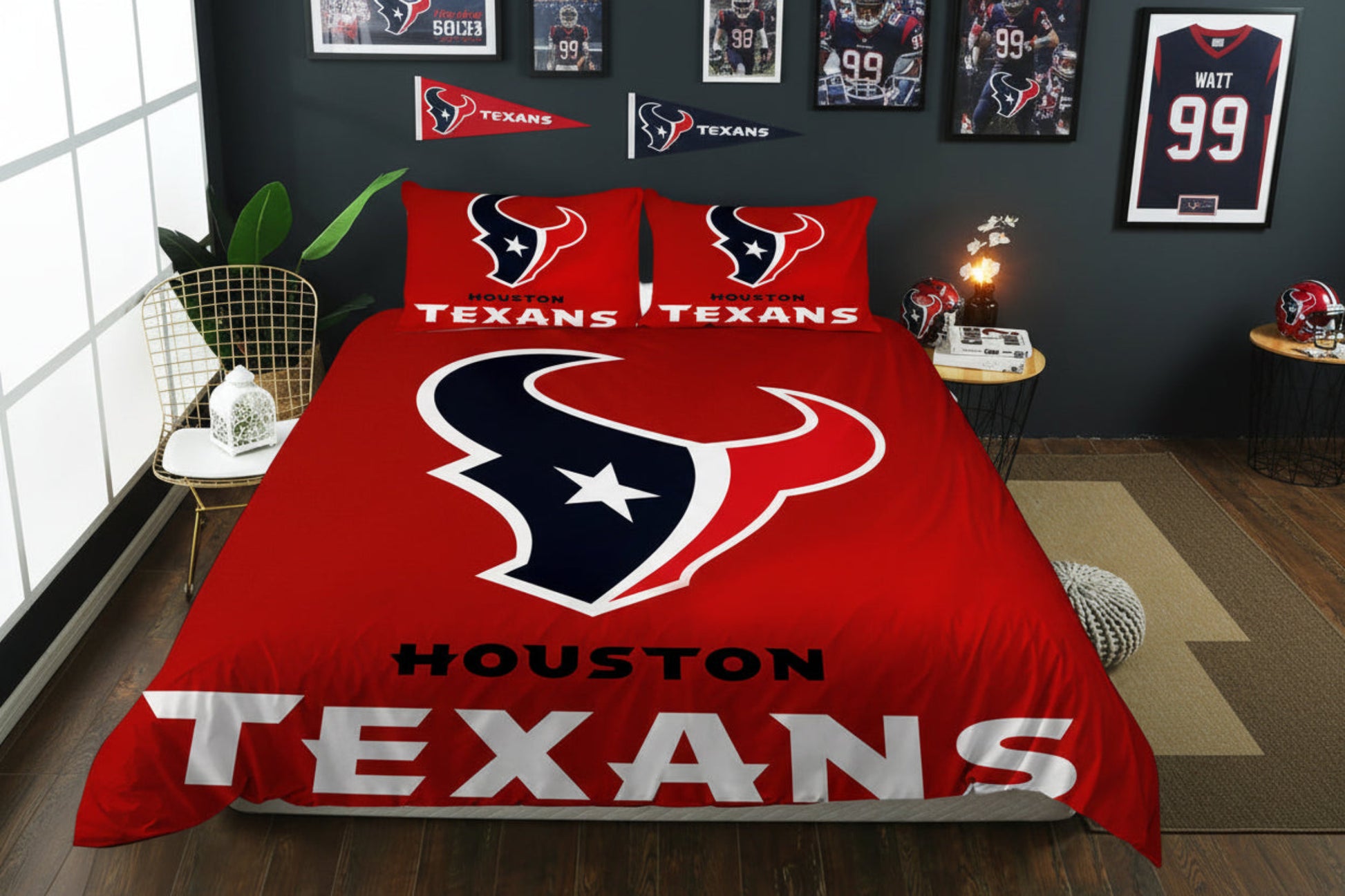 Houston Texans bedding set on a bed in a room with decor elements.