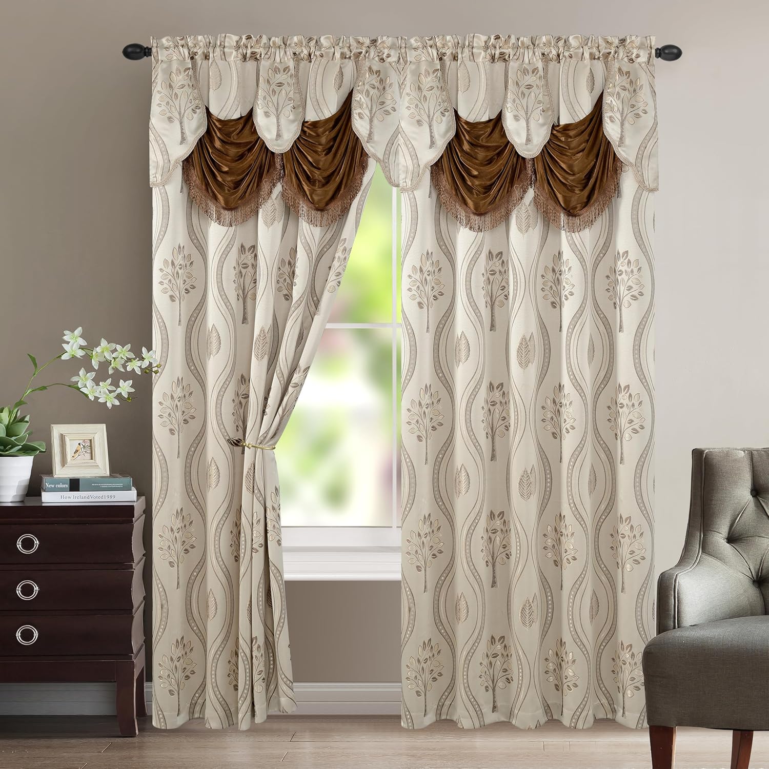 Luxurious Beautiful Curtain Panel Set with Attached Valance & Backing