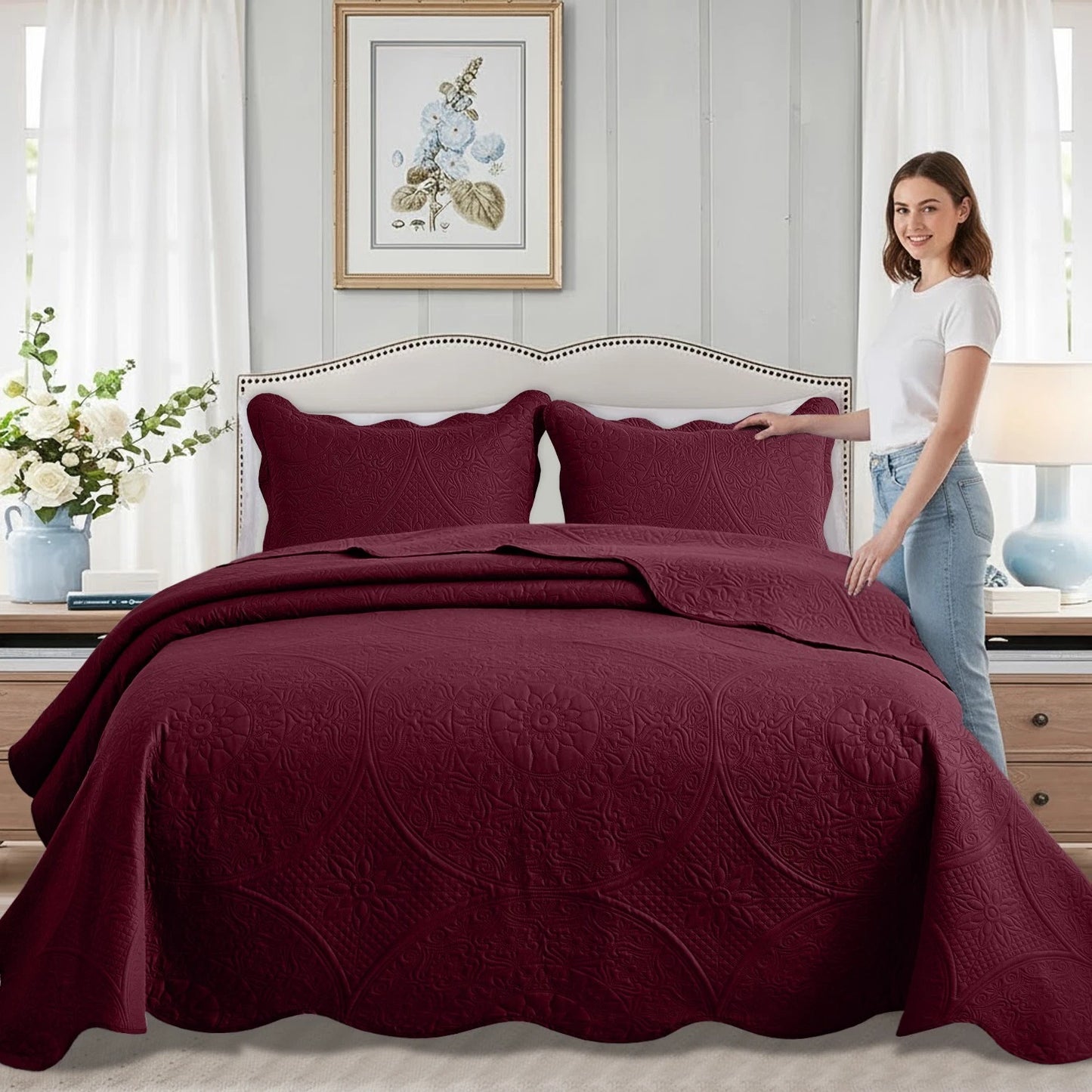 Luxurious Soft Quilt Floral Bedspread with Pillow Shams