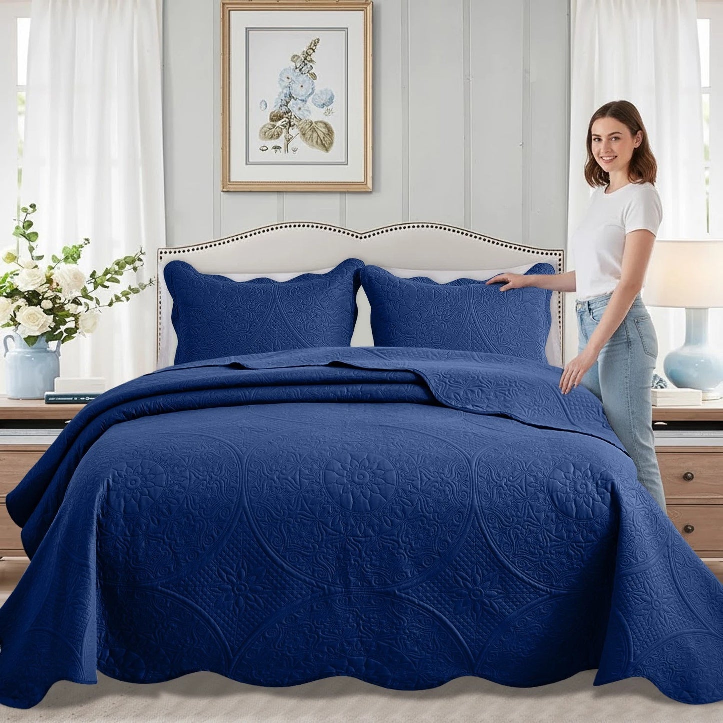 Luxurious Soft Quilt Floral Bedspread with Pillow Shams