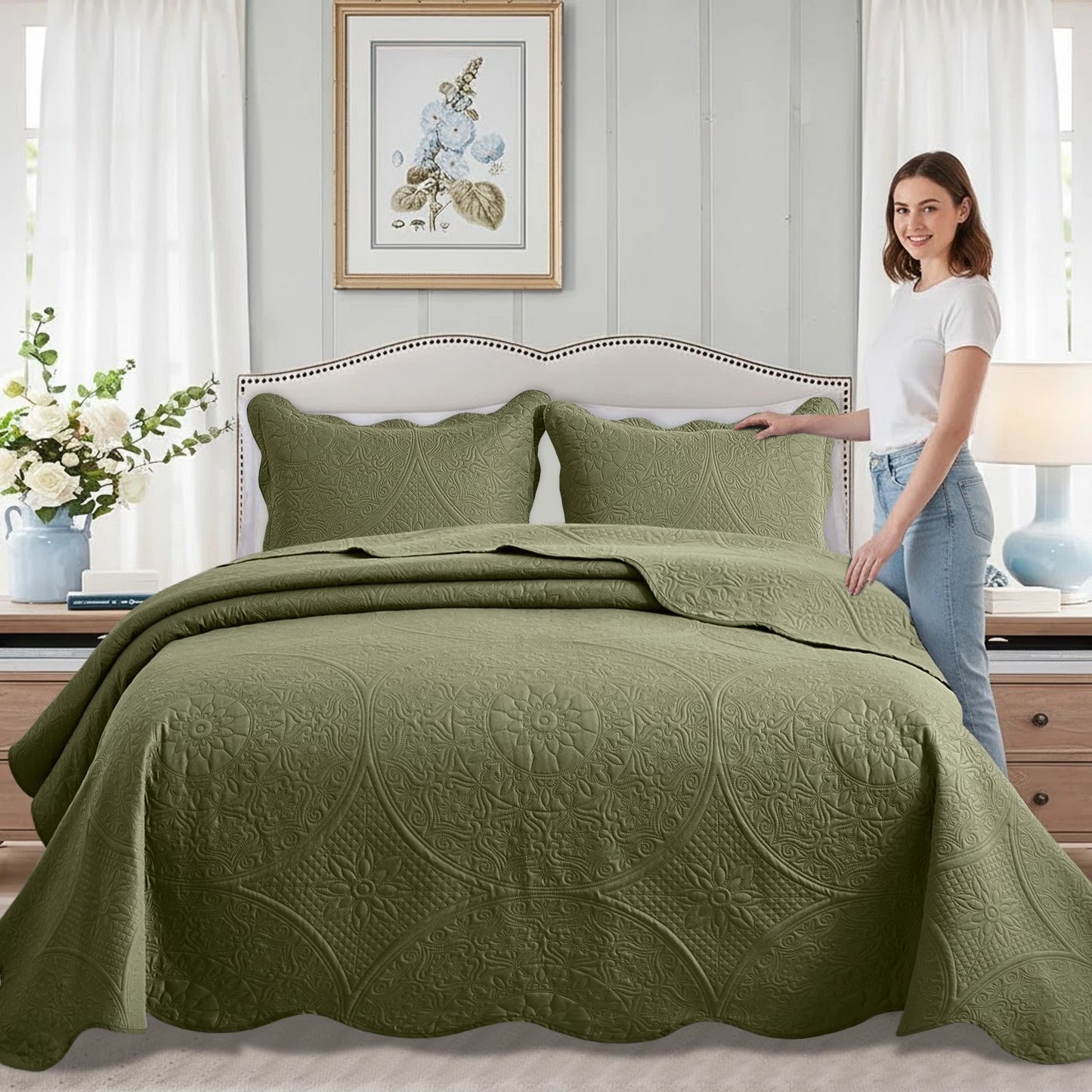 Luxurious Soft Quilt Floral Bedspread with Pillow Shams