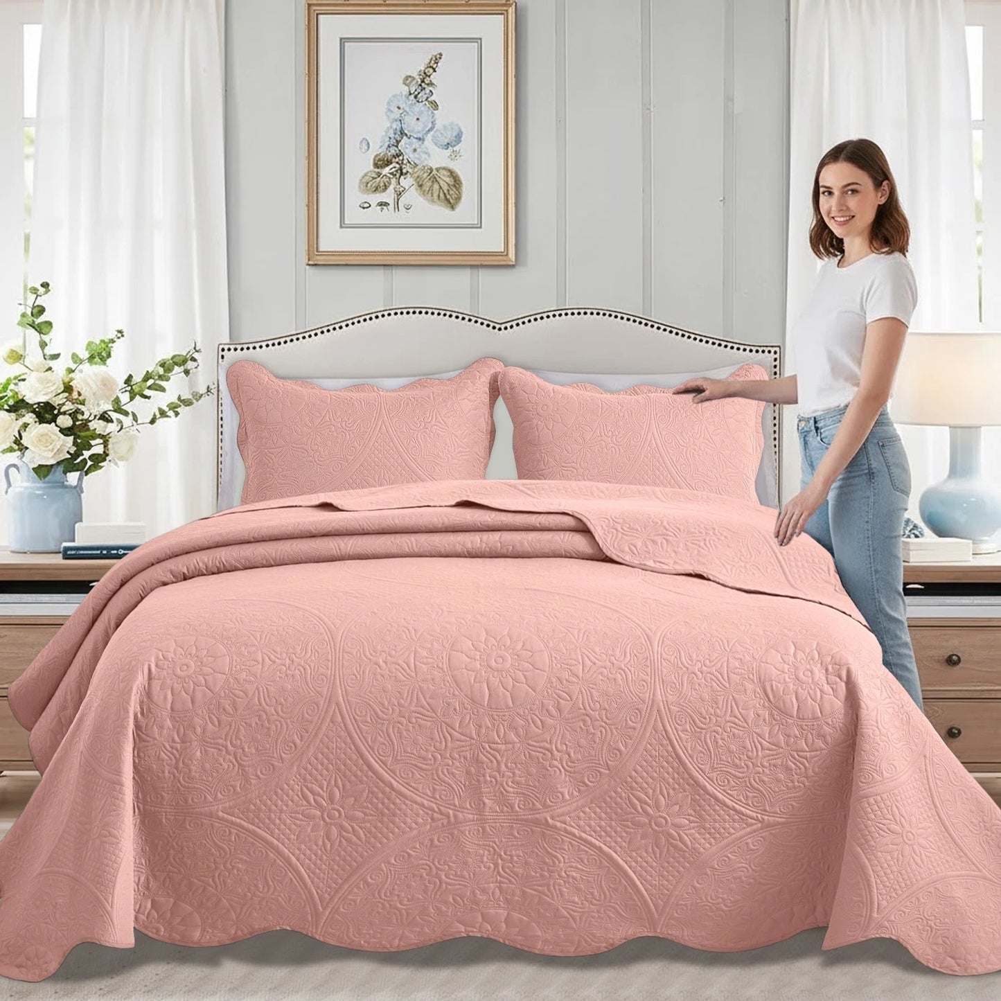 Luxurious Soft Quilt Floral Bedspread with Pillow Shams