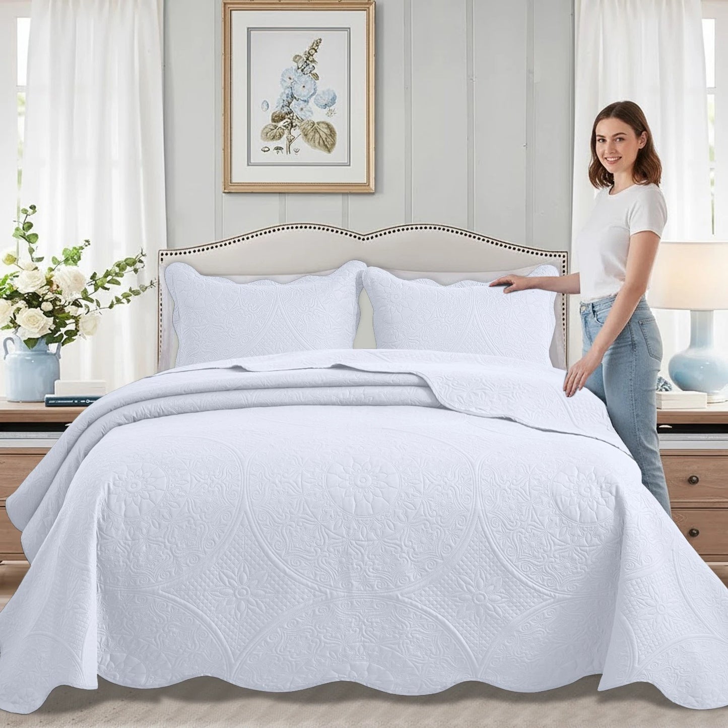 Luxurious Soft Quilt Floral Bedspread with Pillow Shams