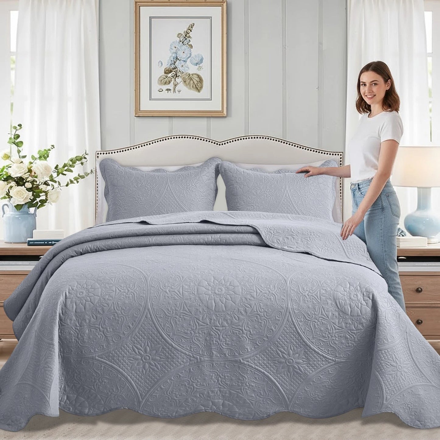 Luxurious Soft Quilt Floral Bedspread with Pillow Shams