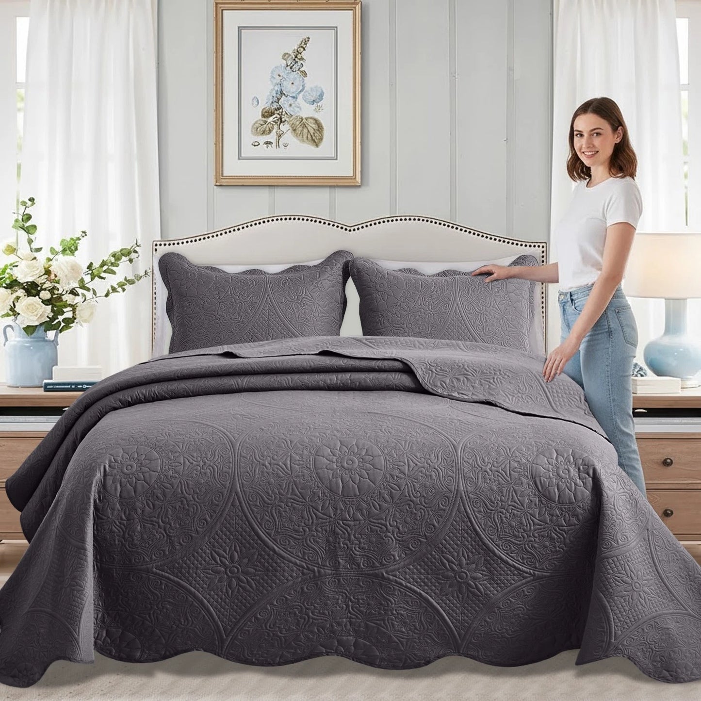 Luxurious Soft Quilt Floral Bedspread with Pillow Shams