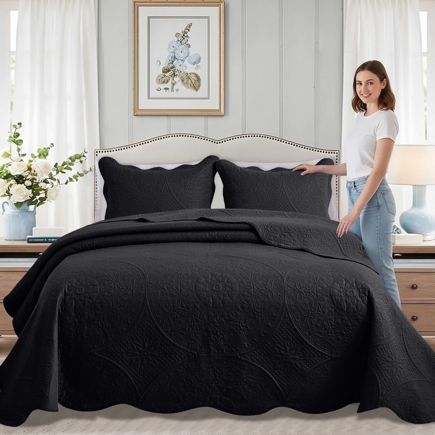 Luxurious Soft Quilt Floral Bedspread with Pillow Shams