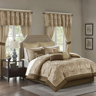 Master Bedroom 24 Piece Room in a Bag Faux Silk Hypoallergenic Down Alternative Comforter Matching Curtains - AnyLinen