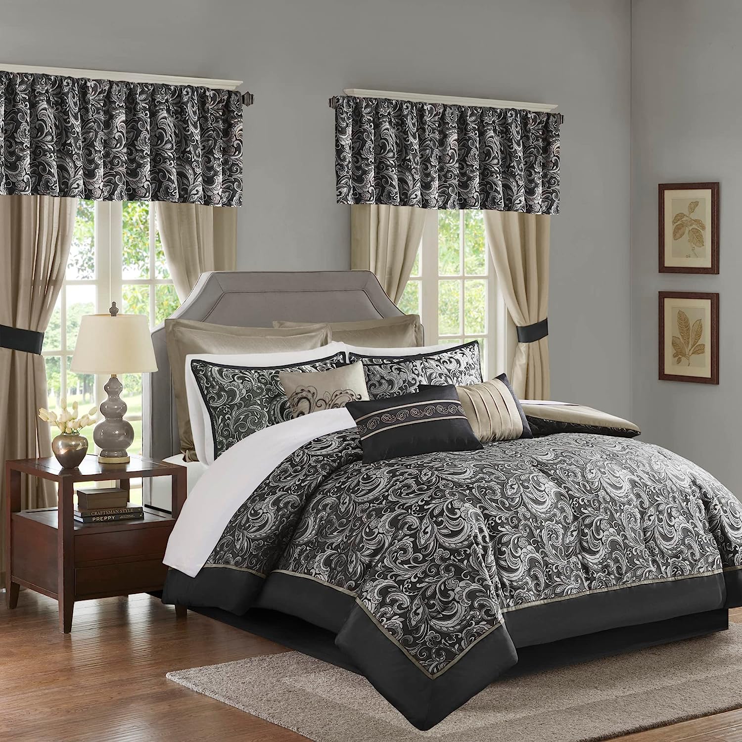 Master Bedroom 24 Piece Room in a Bag Faux Silk Hypoallergenic Down Alternative Comforter Matching Curtains - AnyLinen
