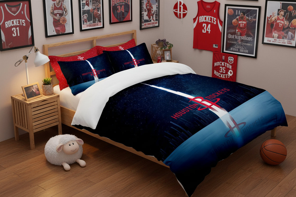 Bedding set with Houston Rockets logo on a bed in a bedroom setting.