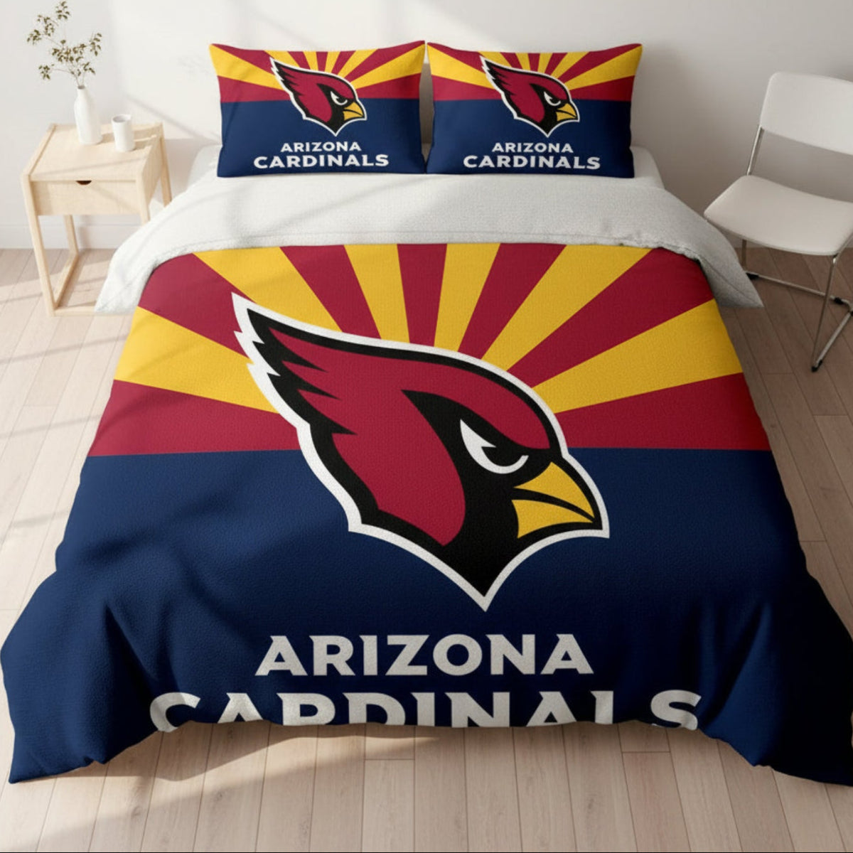 Arizona Cardinals bedding set with flag design in a bedroom setting