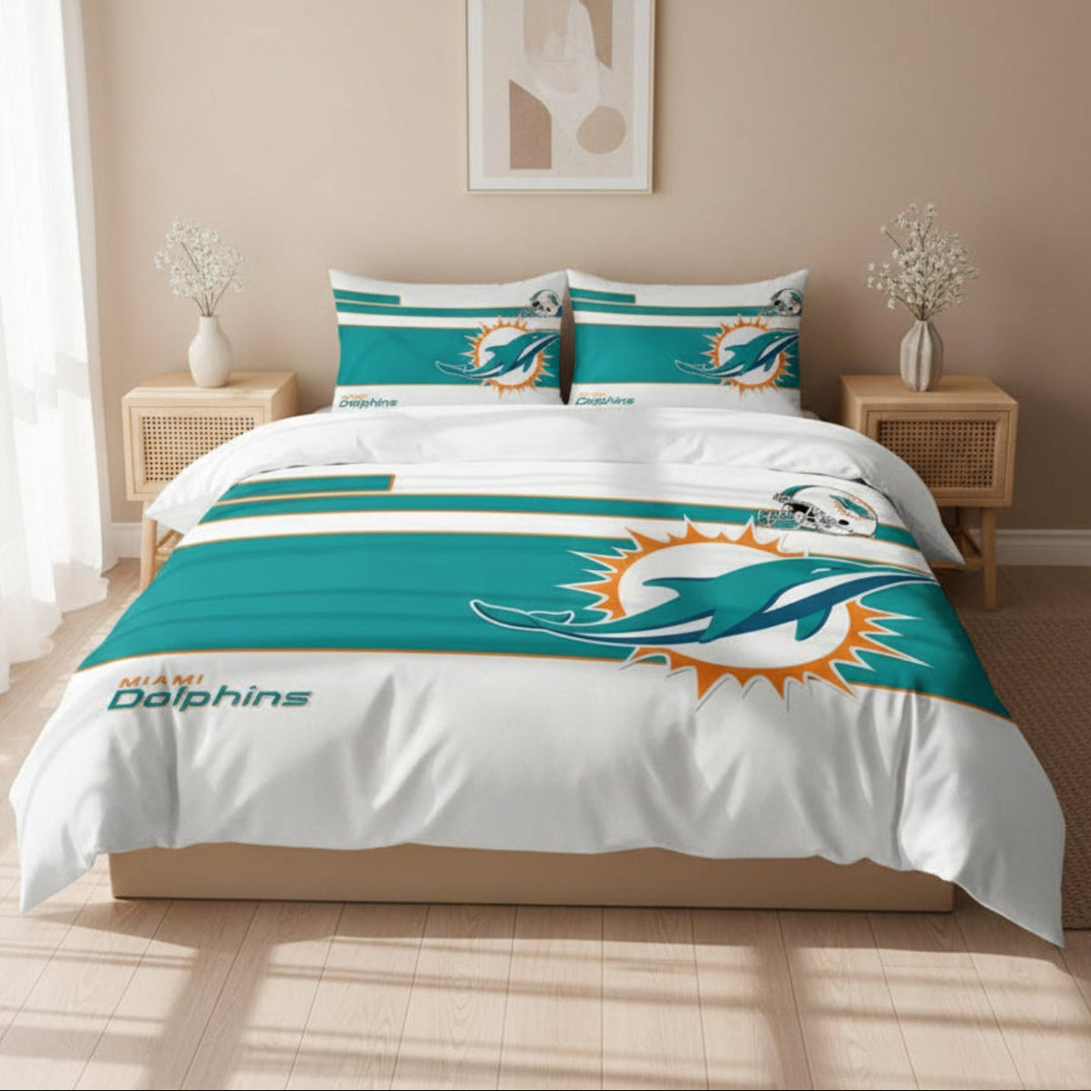 Miami Dolphins bedding set on a bed with room decor.