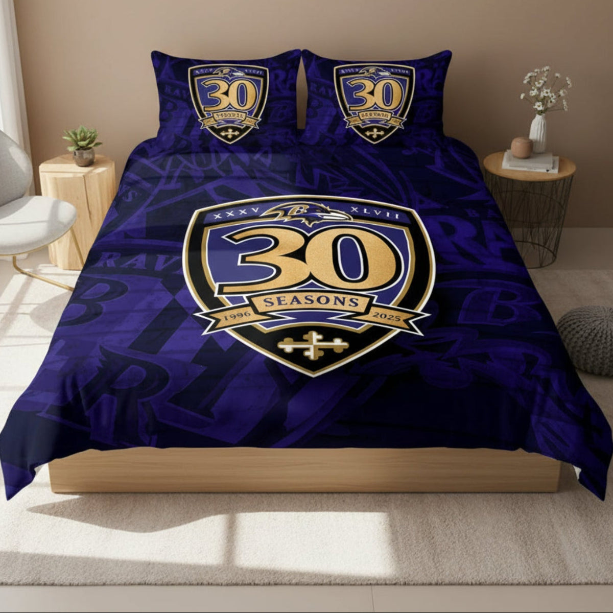 Purple bedding set with '30 Seasons' logo on a bed in a room setting.