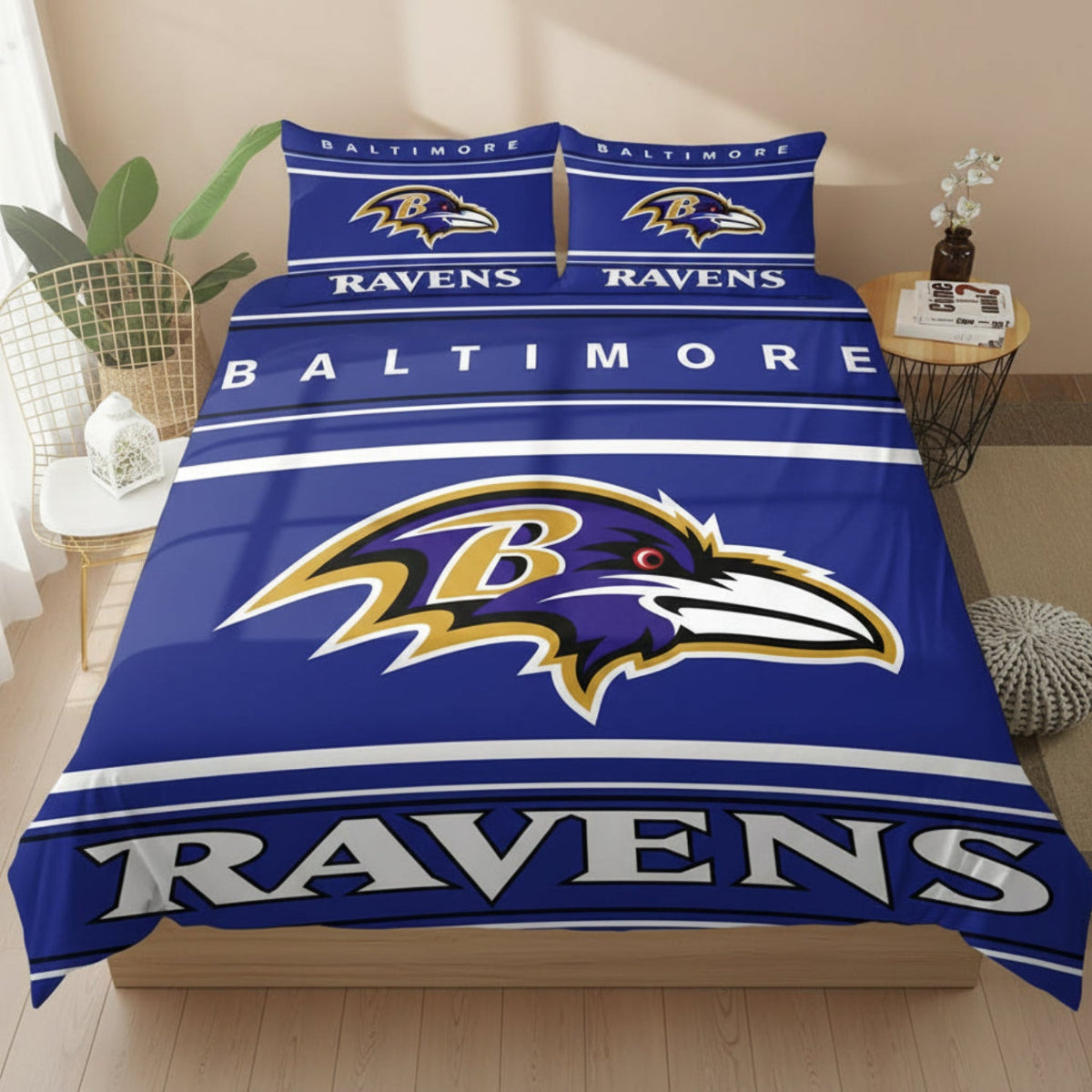 Baltimore Ravens bedding set on a bed in a room with decor elements.