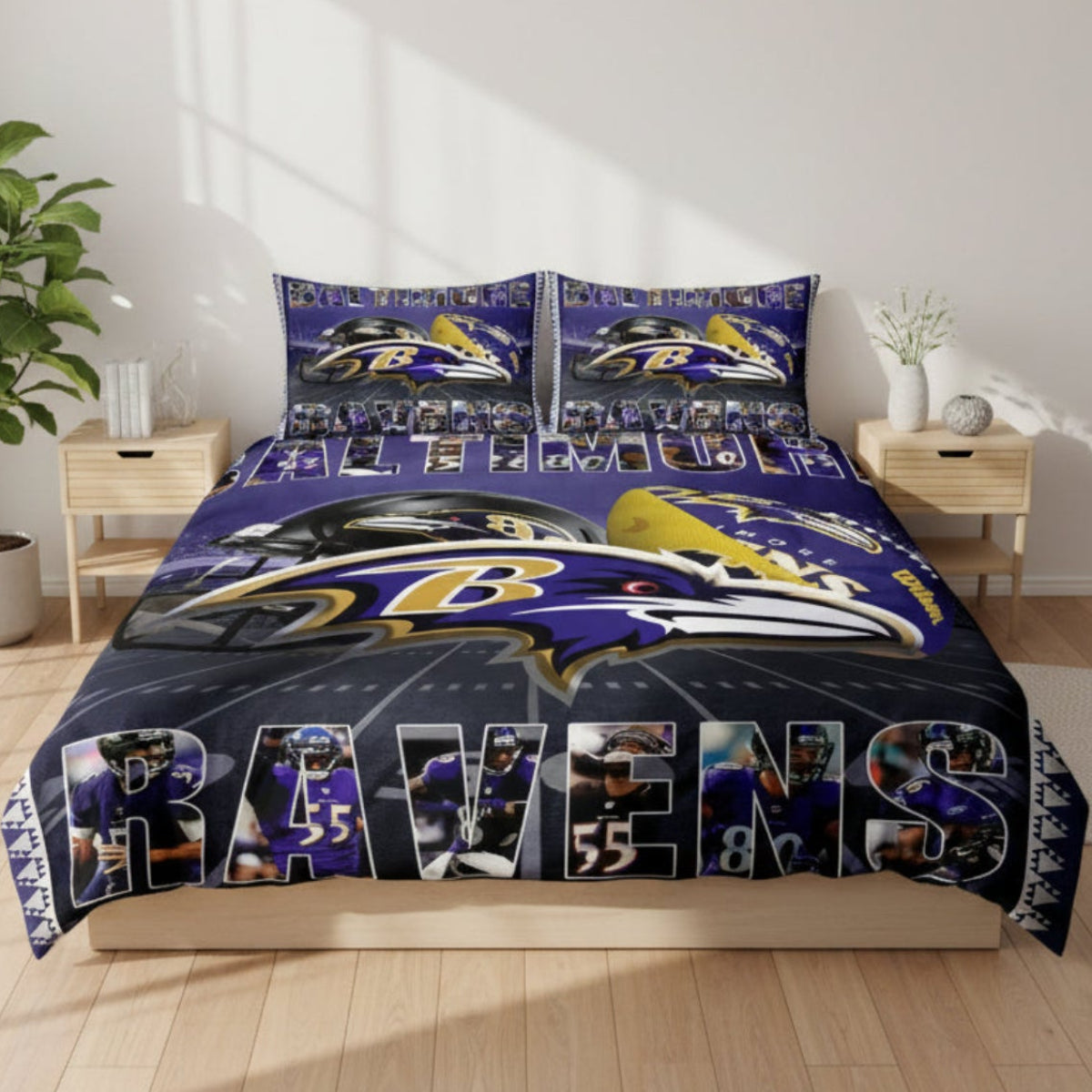 Baltimore Ravens bedding set with helmet and team logo on a bed in a room.