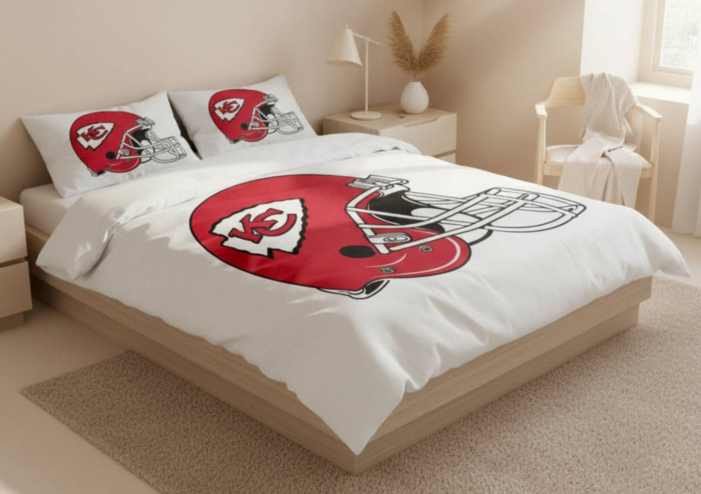 Bedding set with Kansas City Chiefs logo on a white comforter in a bedroom setting.