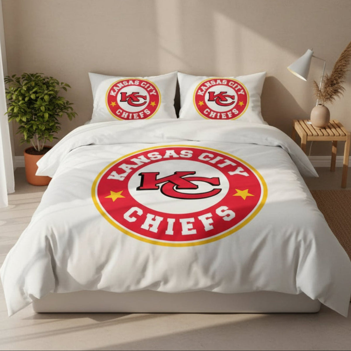 Kansas City Chiefs bedding set with logo on a bed in a room setting.
