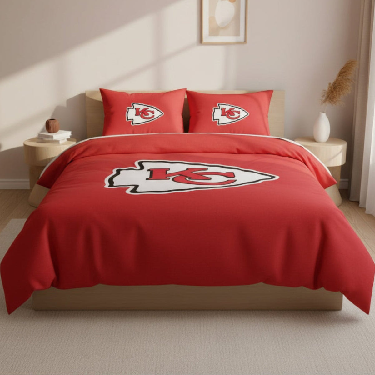 Red bedding set with Kansas City Chiefs logo in a bedroom setting