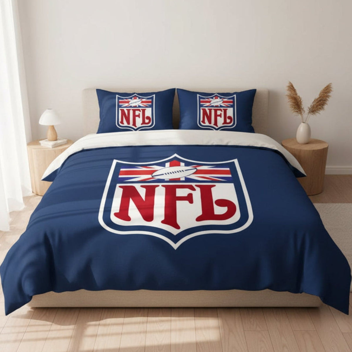 Bedding set with NFL logo featuring British flag design in a bedroom setting.