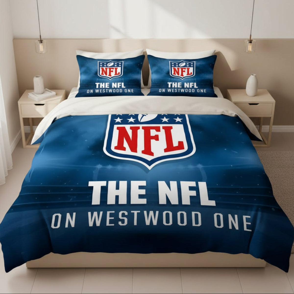 NFL bedding set with logo and text on a bed in a room setting.