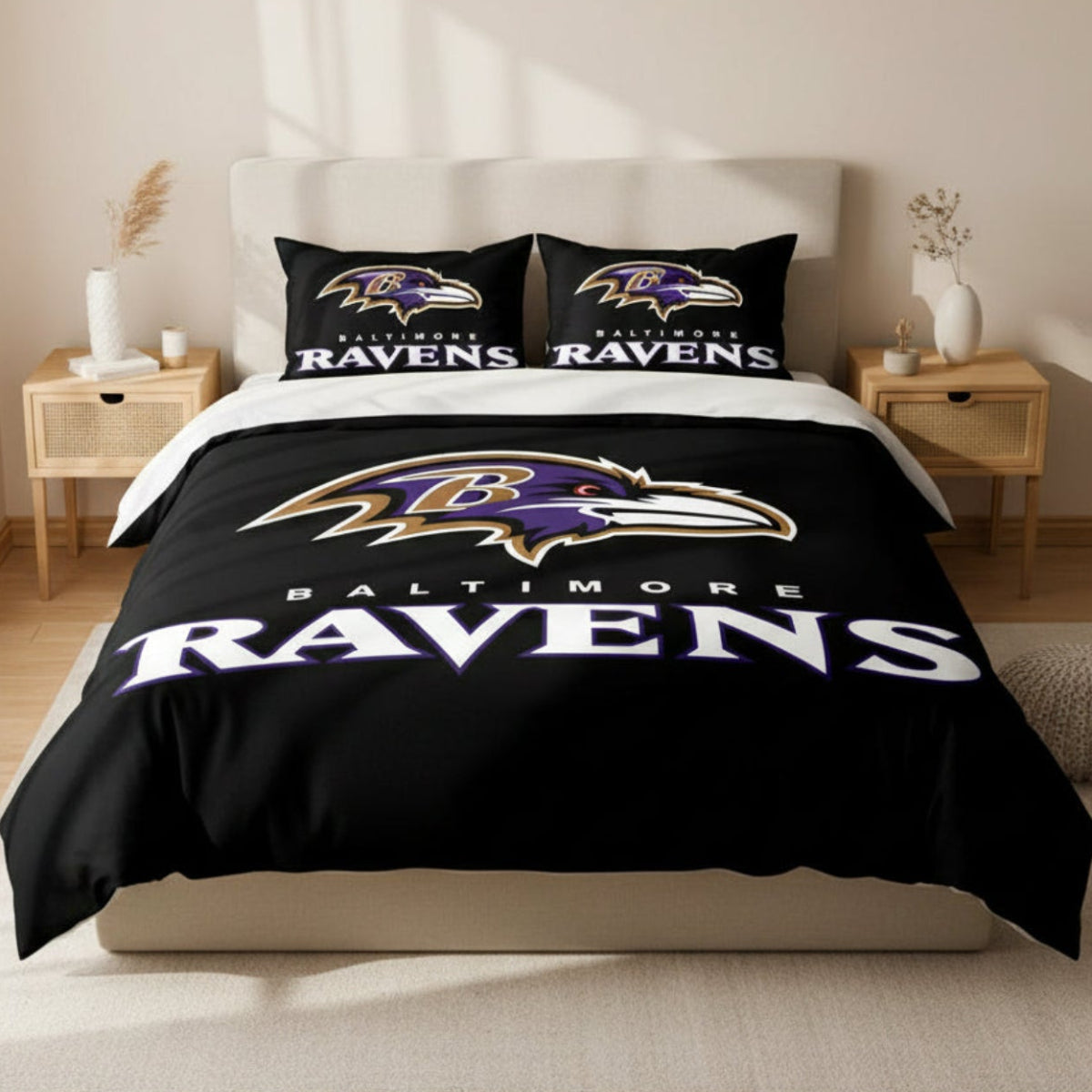 Baltimore Ravens bedding set on a bed in a room with decor elements.