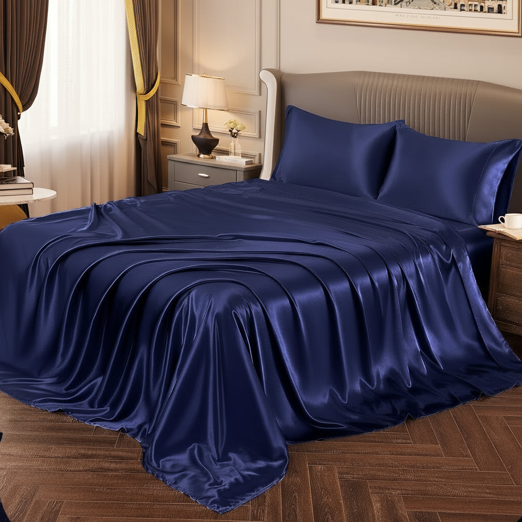 Navy satin bedding set on a bed in a bedroom setting.