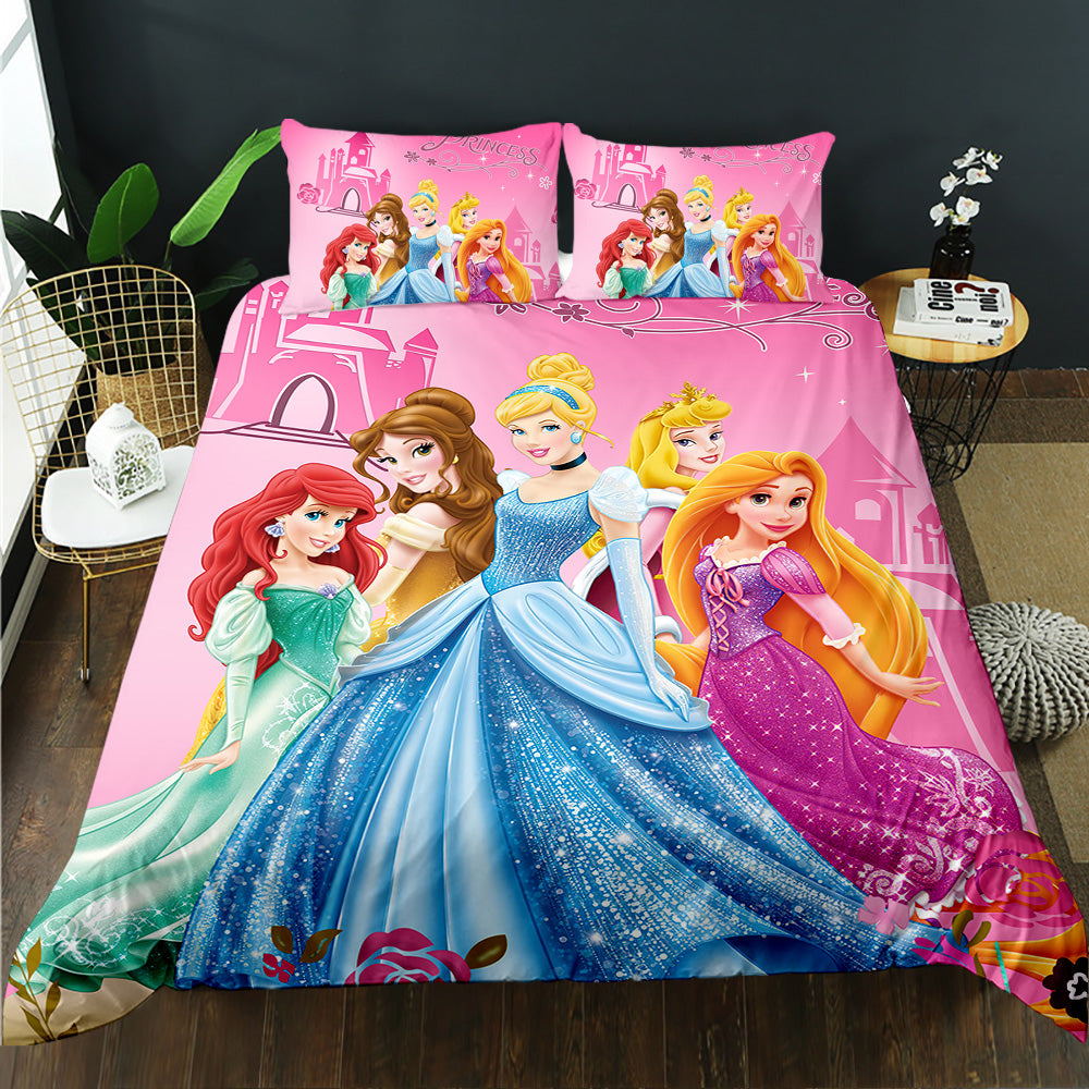 Princess-themed bedding set with colorful characters on a bed.