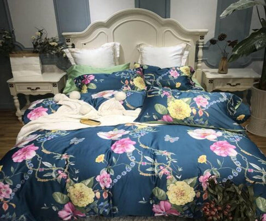 Silk Egyptian Cotton Birds Plant Duvet Cover 4 pcs Bedding Set