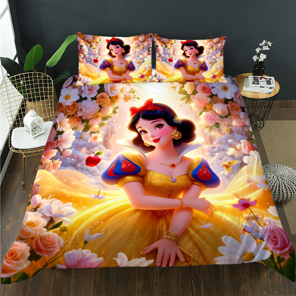 Snow White-themed bedding set with floral design on a bed.