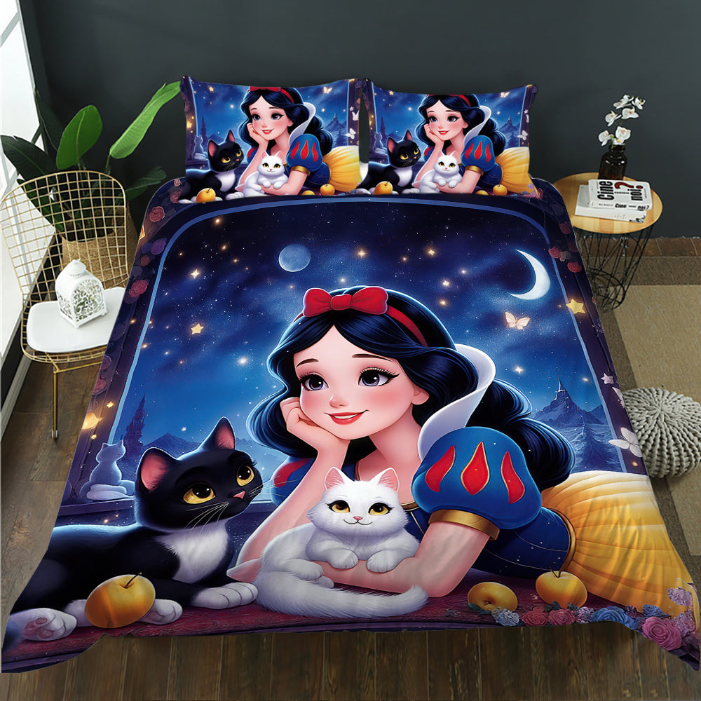 Snow White-themed bedding set with characters and animals on a bed in a room.