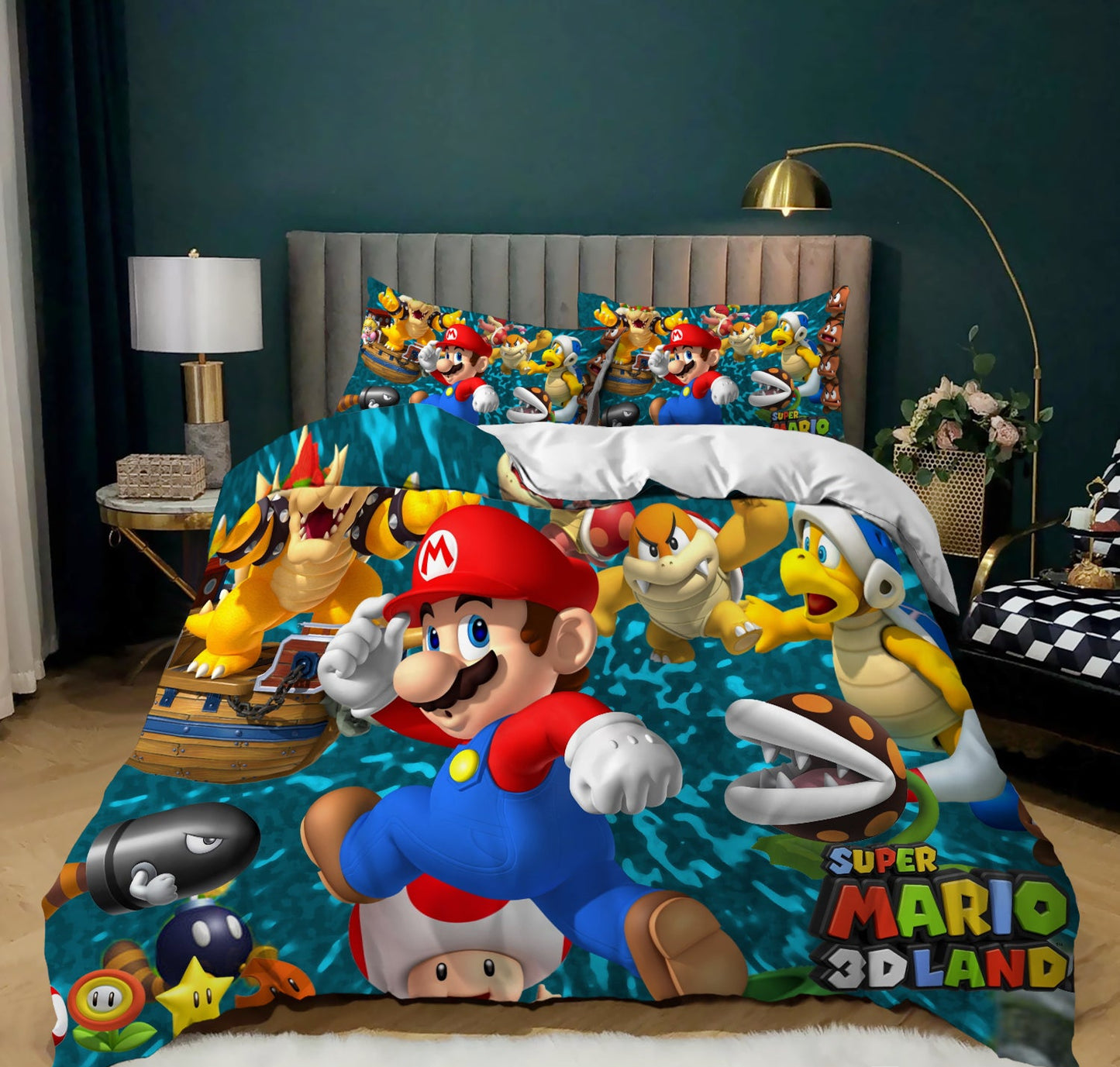 Super Mario-themed bedding set on a bed in a room with decorative elements.