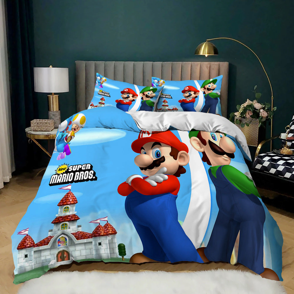 Super Mario-themed bedding set on a bed in a bedroom setting