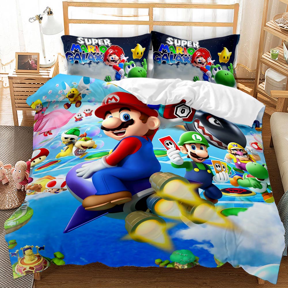 Super Mario-themed bedding set on a bed with matching pillows.