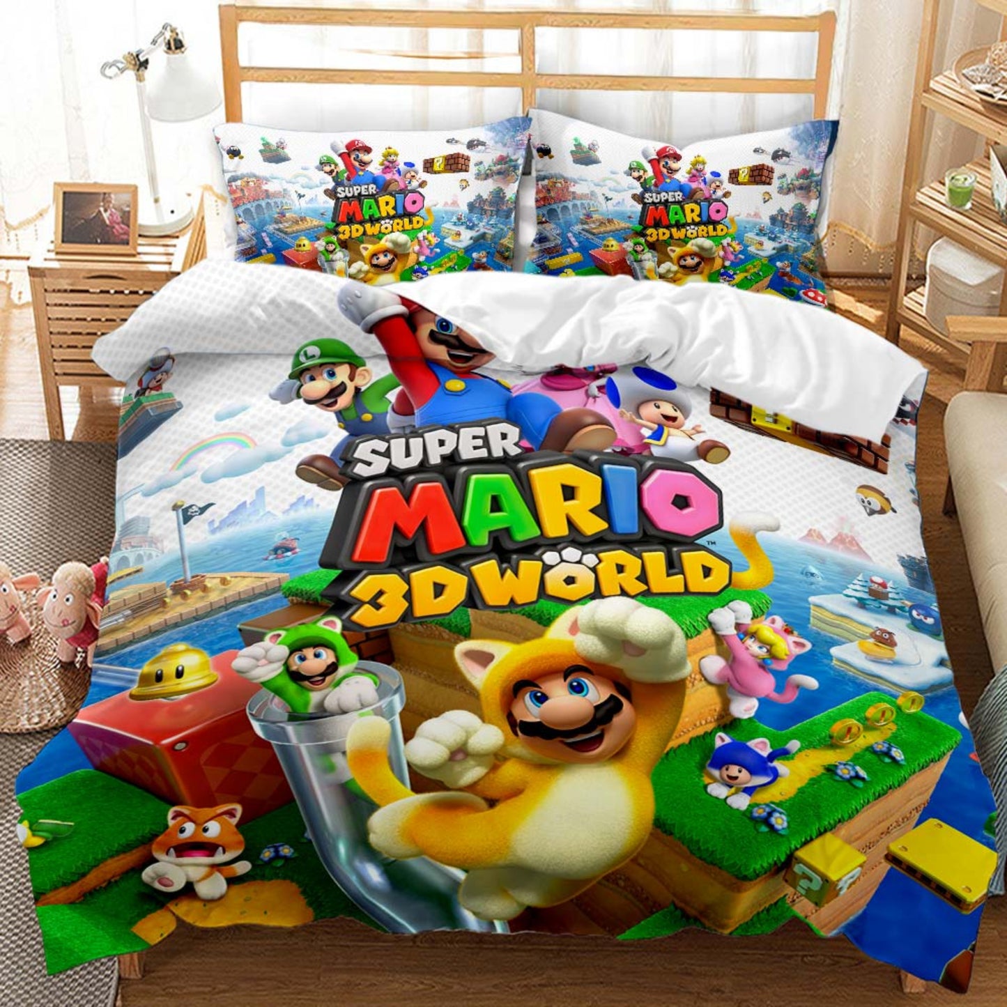 Super Mario 3D World bedding set on a bed with colorful graphics.