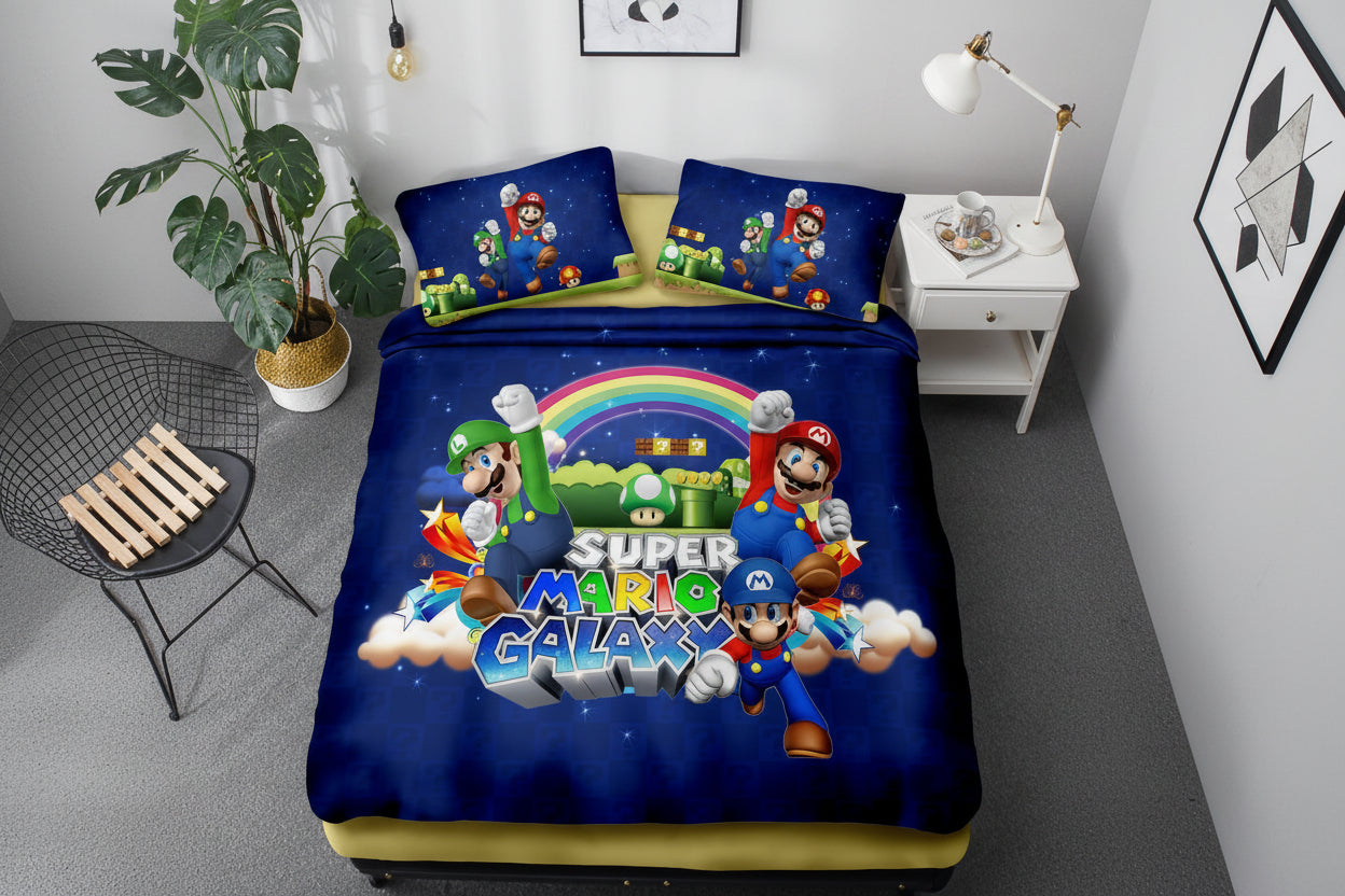 Super Mario Galaxy themed bedding set on a bed in a room with a nightstand and plant.